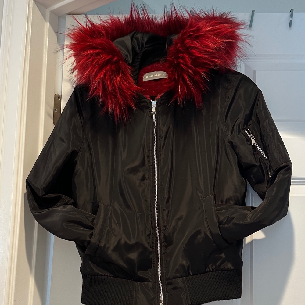 Bagatelle Black Bomber Jacket with Red Fur Collar - Picture 5 of 8